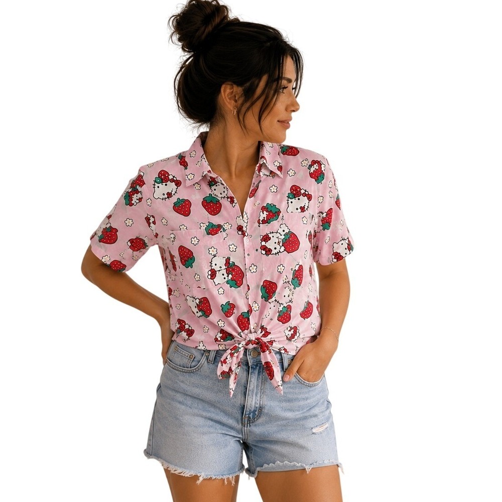 BoxLunch Hello Kitty Strawberry Pink Rayon Tie Front Button Up Shirt Womens M